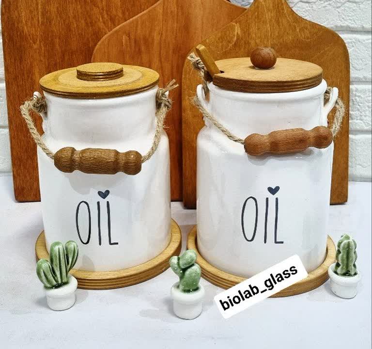 ظرف سرامیکی روغن جامد درب چوبی یک لیتری